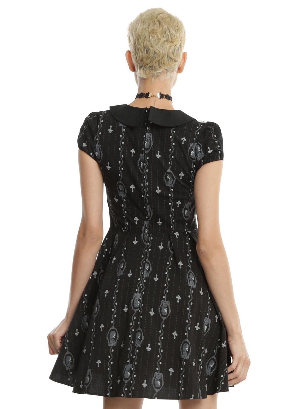 Hell Bunny Womens Black White Gemma Skull Cameo Collar Goth Mini Dress Size XS - Picture 2 of 16